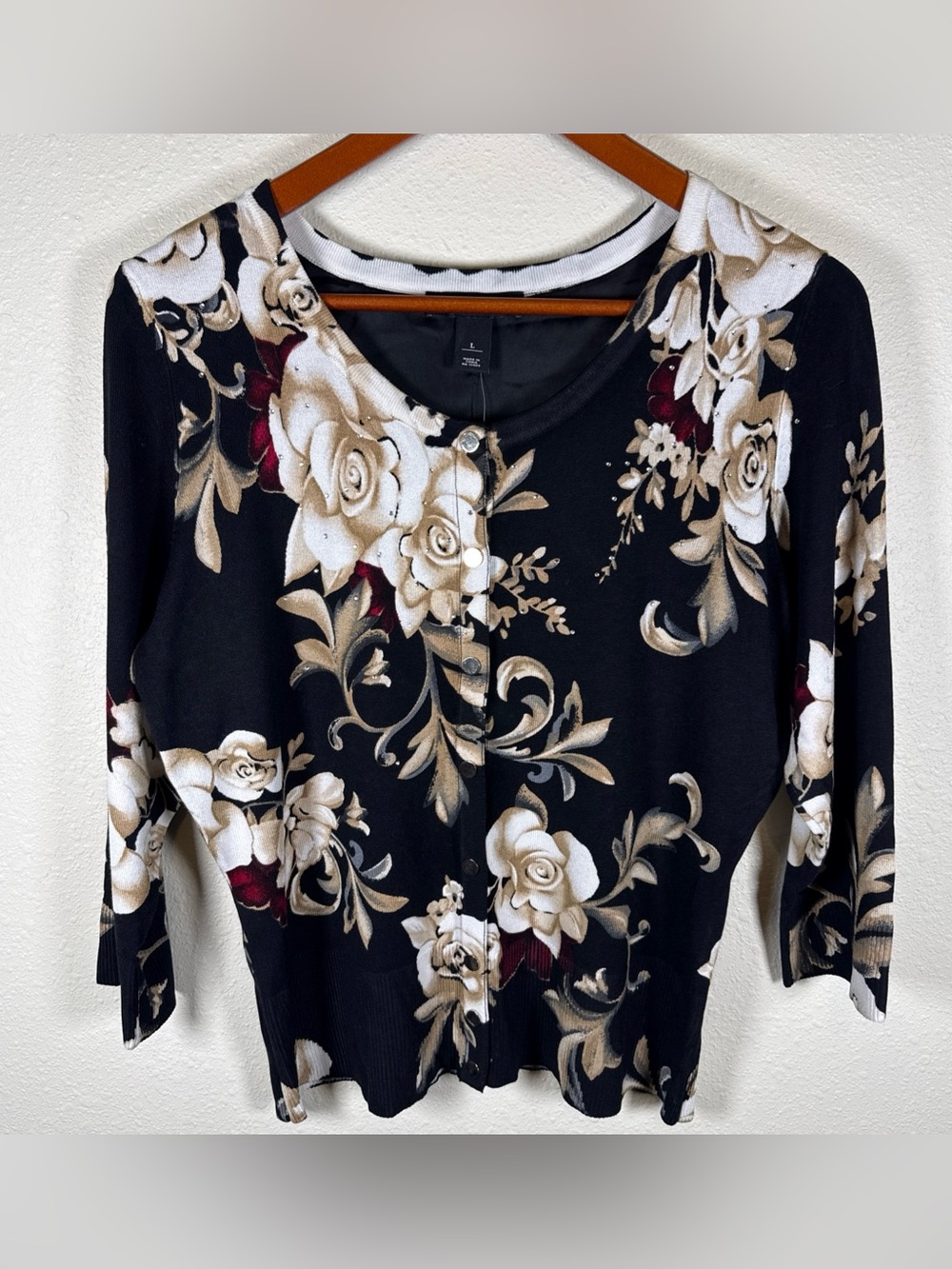 White House Black Market FLORAL PRINT 3/4 SLEEVE CARDIGAN Rhinestone L
